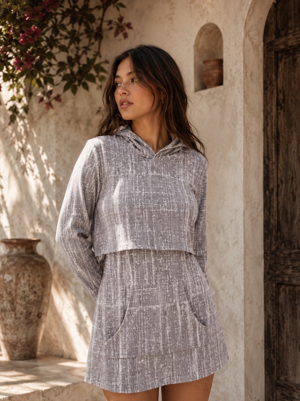 Women's Gray Hooded Sweater Dress One-Piece |
Unique Layered Look |